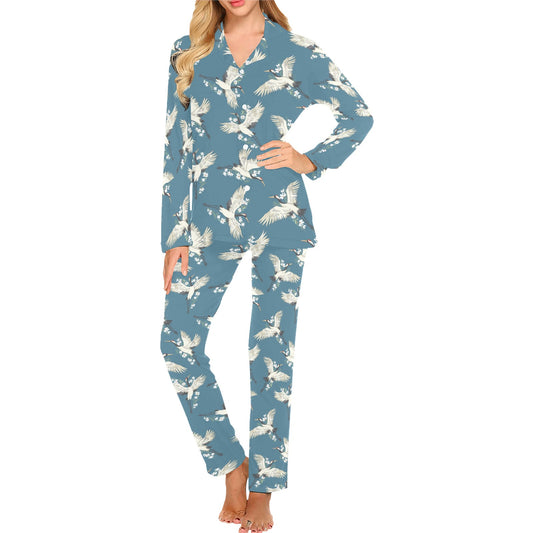 Crane Pattern Print Design 02 Women's Long Pajama Set