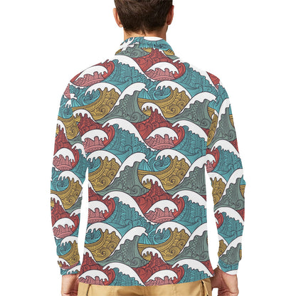 Tribal Wave Pattern Print Long Sleeve Polo Shirt For Men's