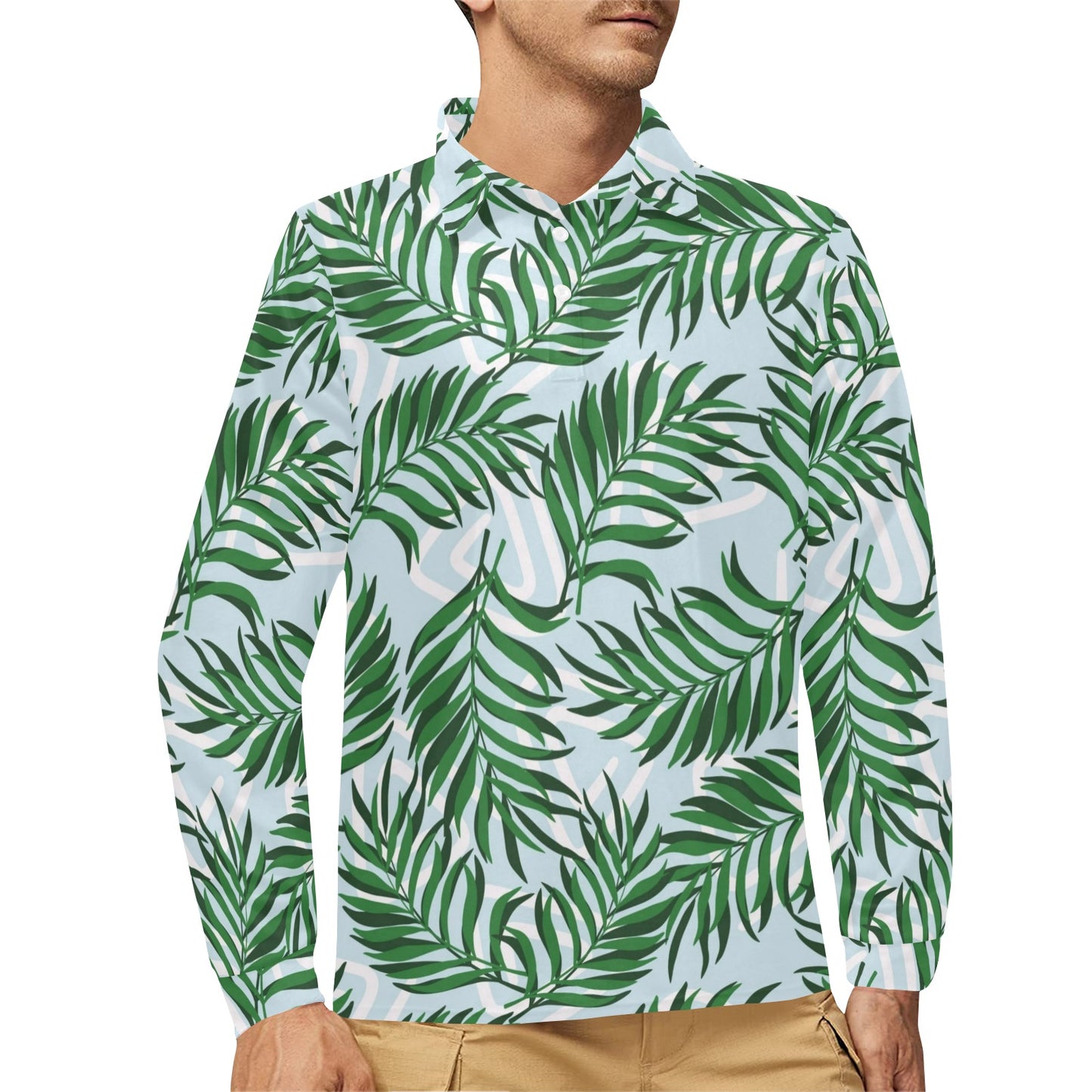 Palm Leaves Pattern Print Design PL06 Long Sleeve Polo Shirt For Men's
