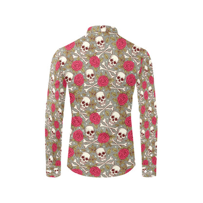 Skull Bone Rose Print Design LKS303 Men's Long Sleeve Dress Shirt