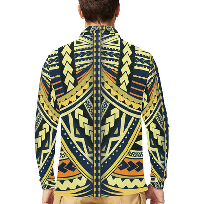 Polynesian Tattoo Print Long Sleeve Polo Shirt For Men's