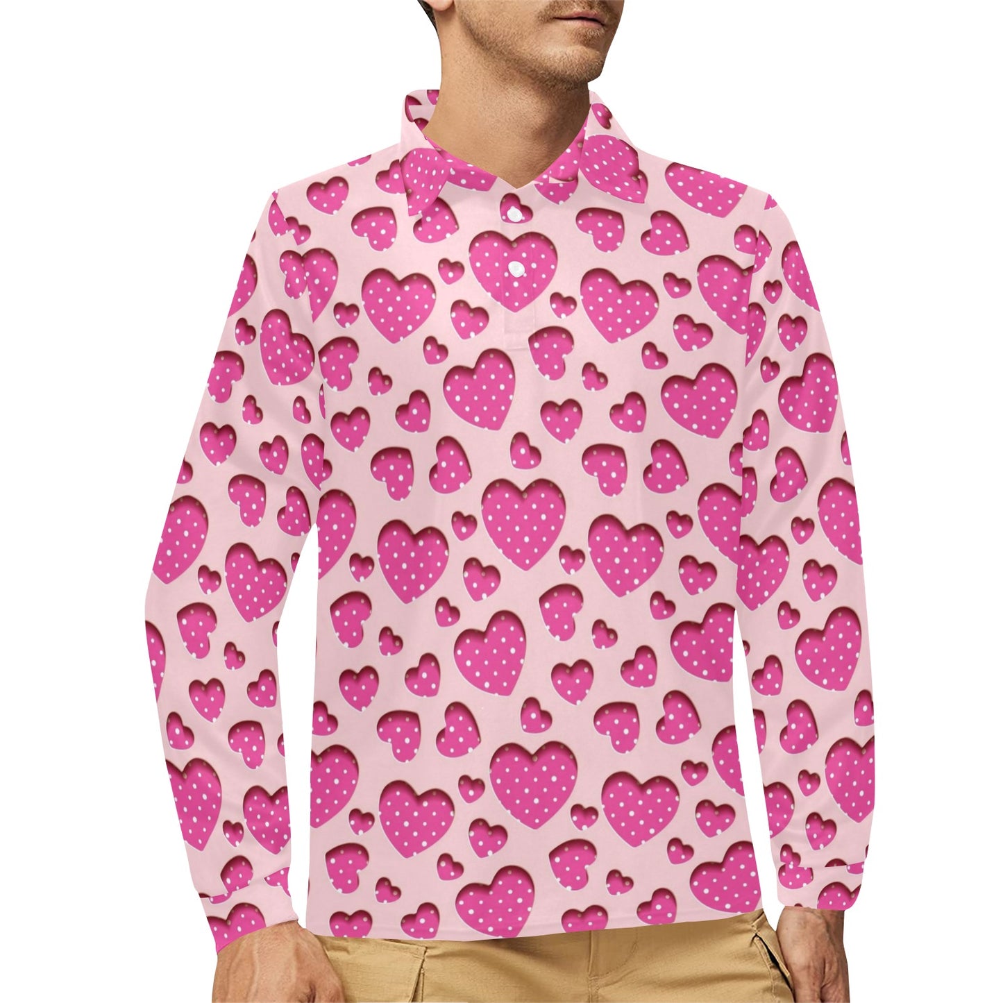Heart Pink Pattern Print Design HE06 Long Sleeve Polo Shirt For Men's