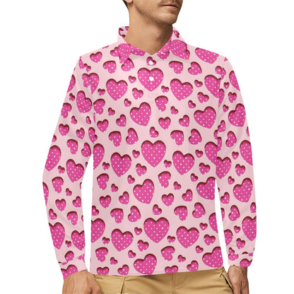 Heart Pink Pattern Print Design HE06 Long Sleeve Polo Shirt For Men's