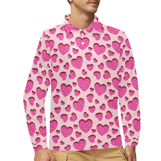 Heart Pink Pattern Print Design HE06 Long Sleeve Polo Shirt For Men's