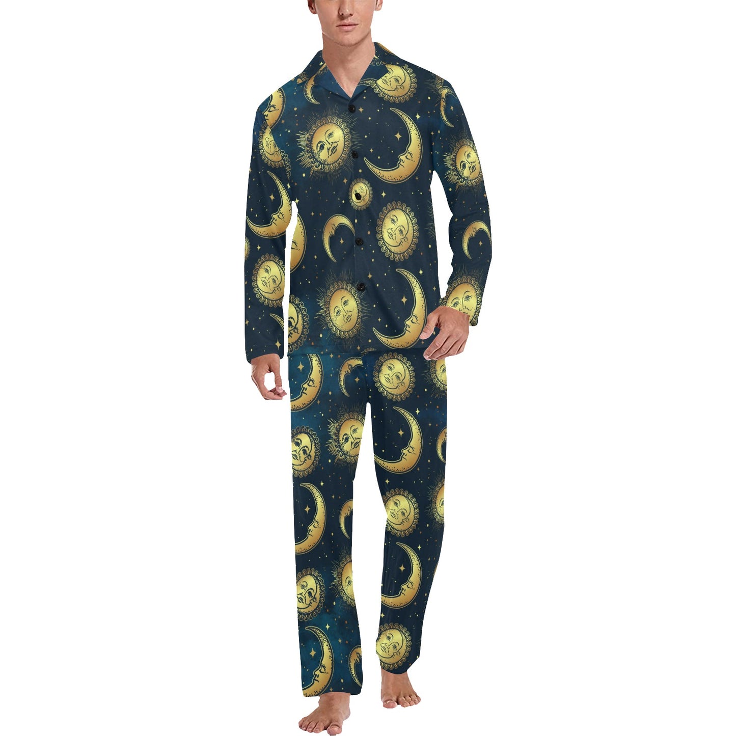 Gold Sun Moon Face Men's Long Pajama Set