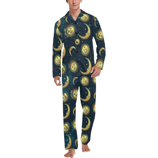Gold Sun Moon Face Men's Long Pajama Set
