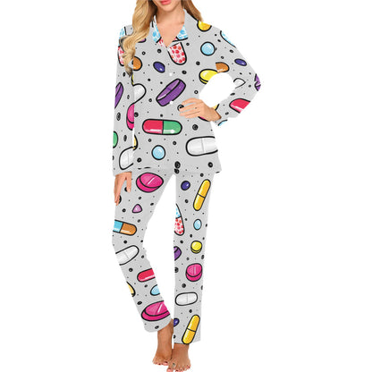 Pill Pattern Print Design A04 Women's Long Pajama Set