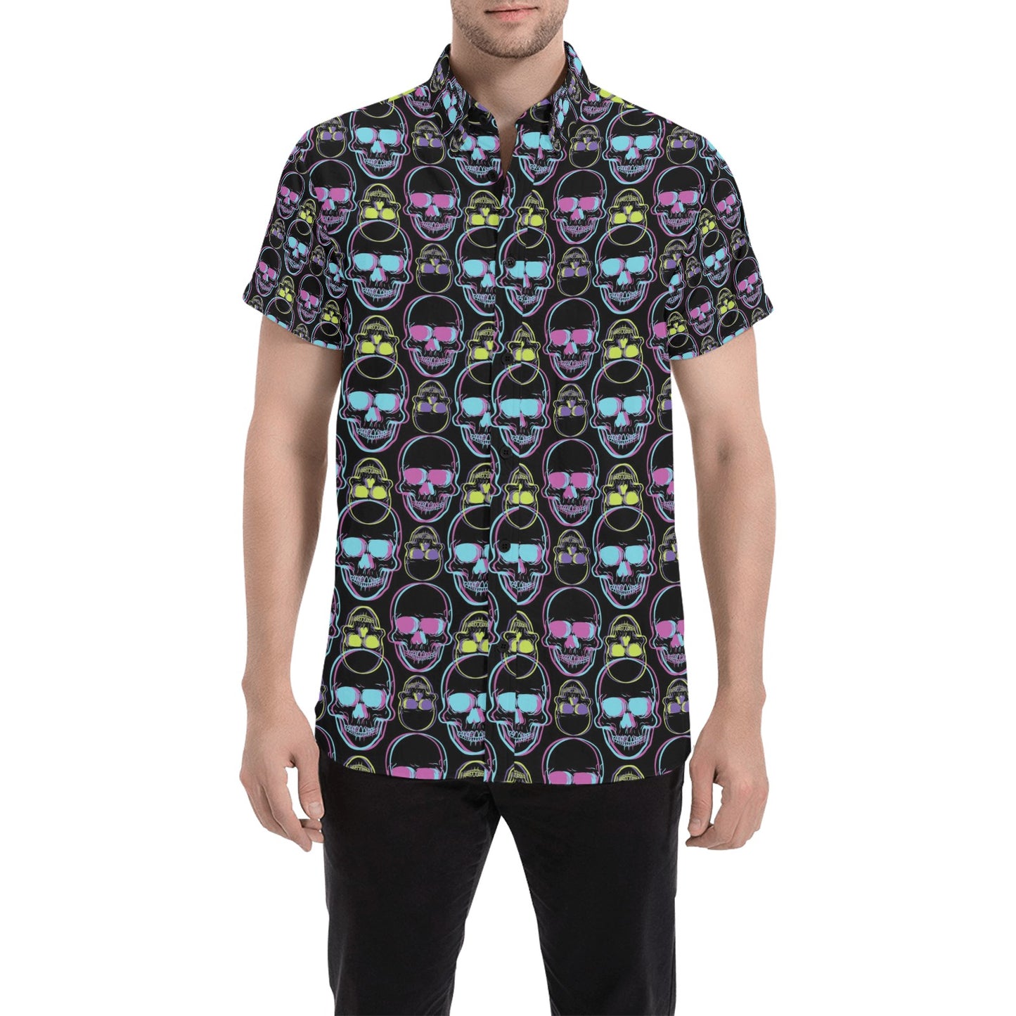 Skull 3D Colorful Print Design LKS309 Men Short Sleeve Button Up Shirt