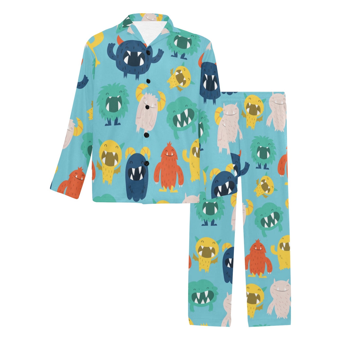 Monster Cartoon Pattern Print Design 03 Men's Long Pajama Set