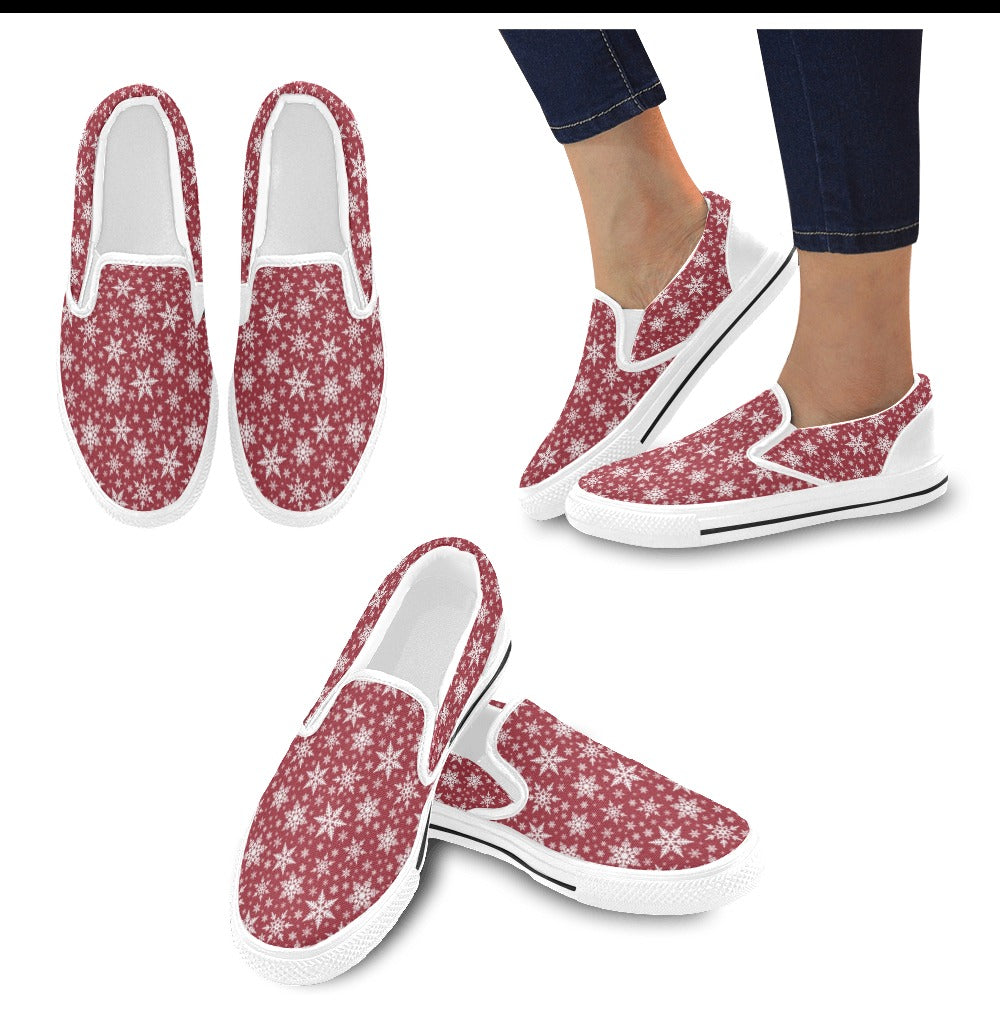 Snowflake Red Print Design LKS302 White Slip Ons Canvas Women's Shoes