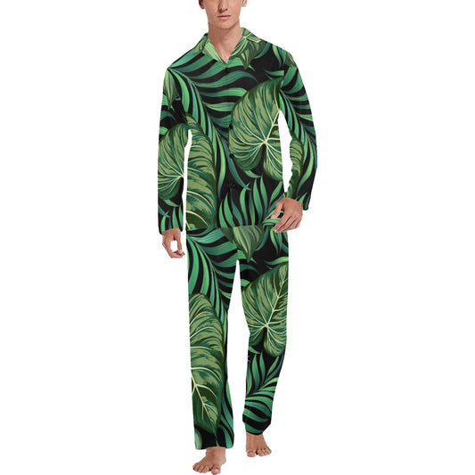 Green Fresh Tropical Palm Leaves Men's Long Pajama Set