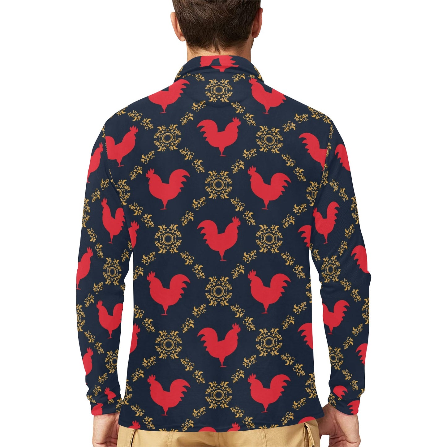 Rooster Pattern Print Design A02 Long Sleeve Polo Shirt For Men's