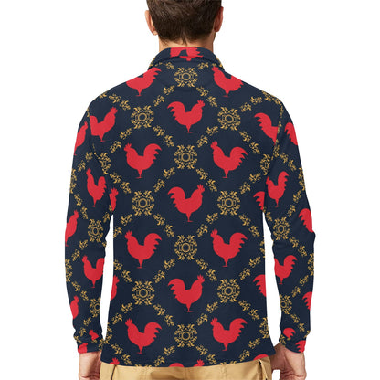 Rooster Pattern Print Design A02 Long Sleeve Polo Shirt For Men's