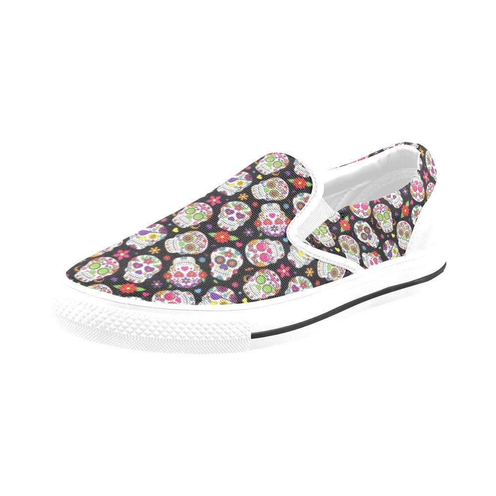 Sugar Skull Print Design LKS302 White Slip Ons Canvas Women's Shoes