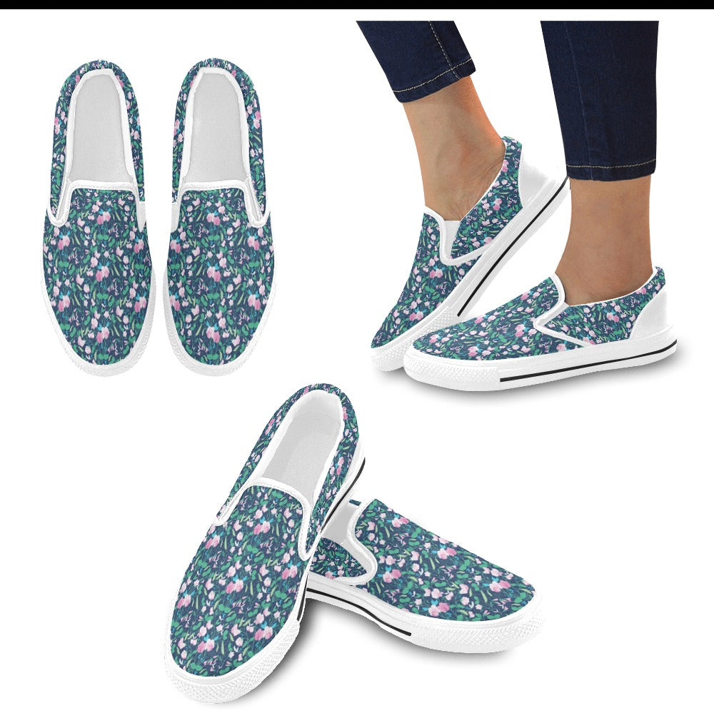 Sweet Pea Print Design LKS303 White Slip Ons Canvas Women's Shoes