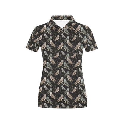 Owl Branch Themed Design Print Women's Polo Shirt