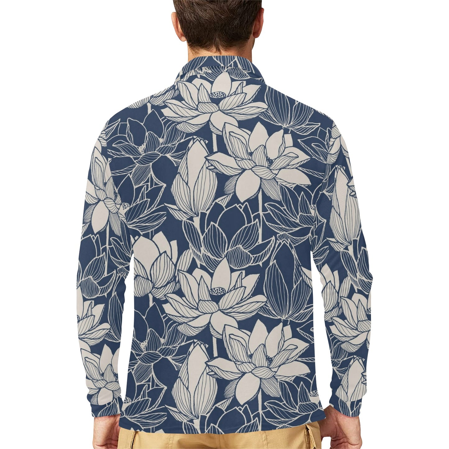Water Lily Pattern Print Design WL04 Long Sleeve Polo Shirt For Men's