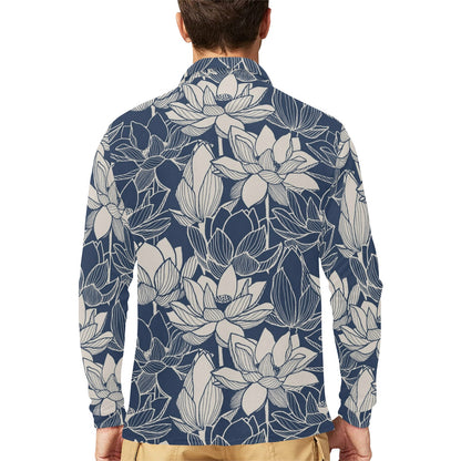 Water Lily Pattern Print Design WL04 Long Sleeve Polo Shirt For Men's