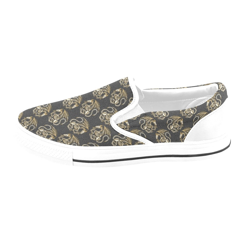 Skeleton Dragon Print Design LKS306 White Slip Ons Canvas Women's Shoes