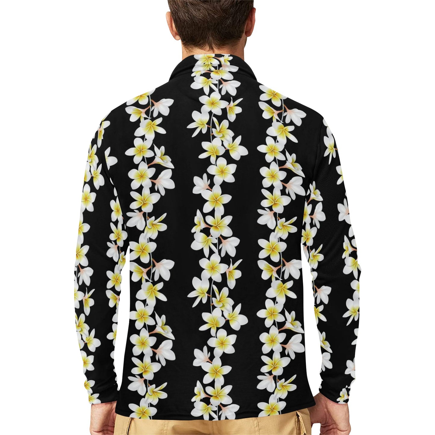 White Plumeria Pattern Print Design PM08 Long Sleeve Polo Shirt For Men's