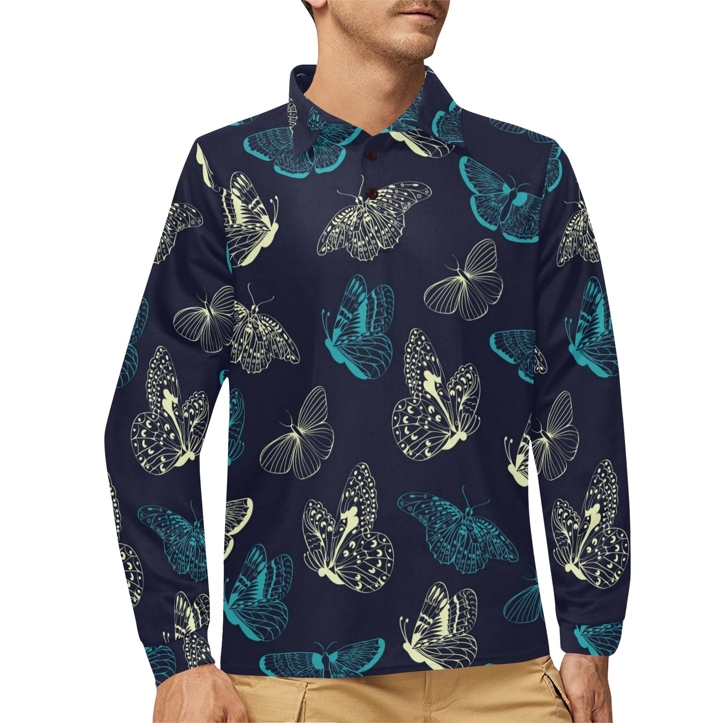 Monarch Butterfly Pattern Print Design 01 Long Sleeve Polo Shirt For Men's