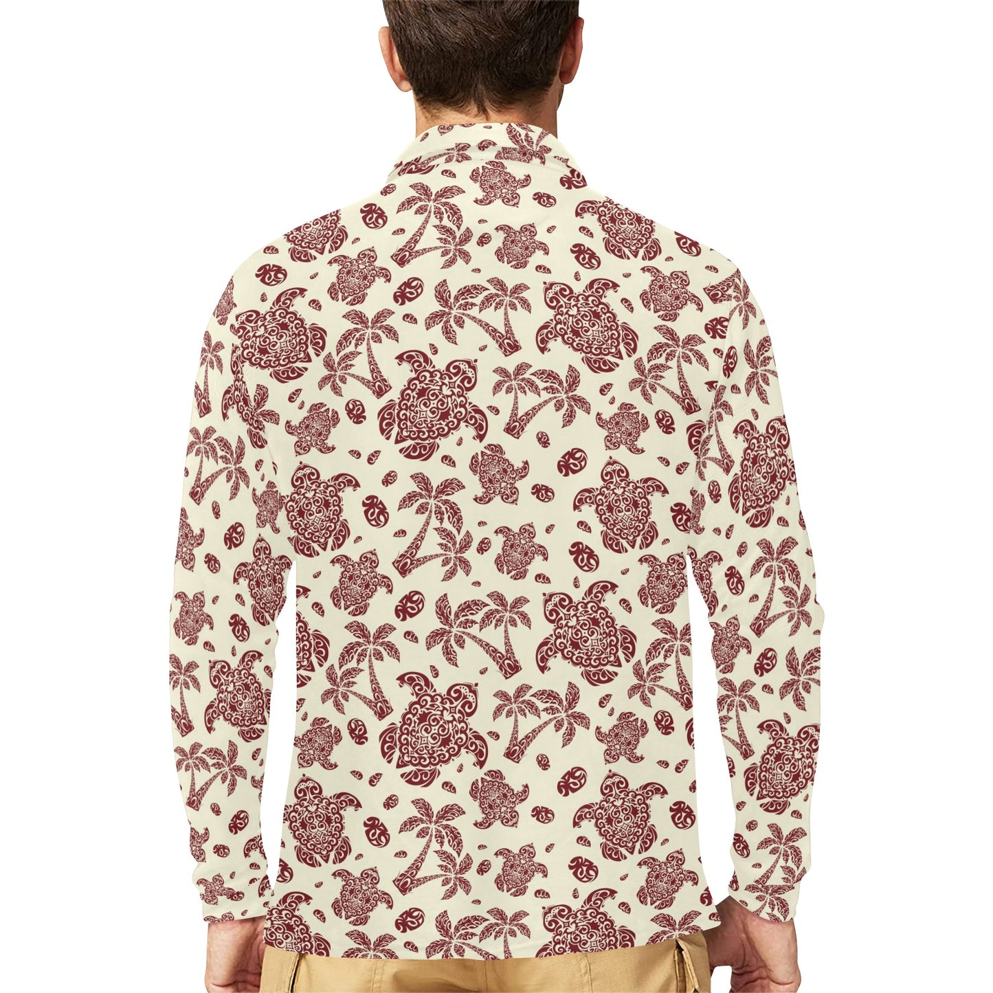 Polynesian Tattoo Turtle Themed Long Sleeve Polo Shirt For Men's