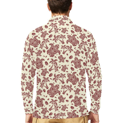 Polynesian Tattoo Turtle Themed Long Sleeve Polo Shirt For Men's