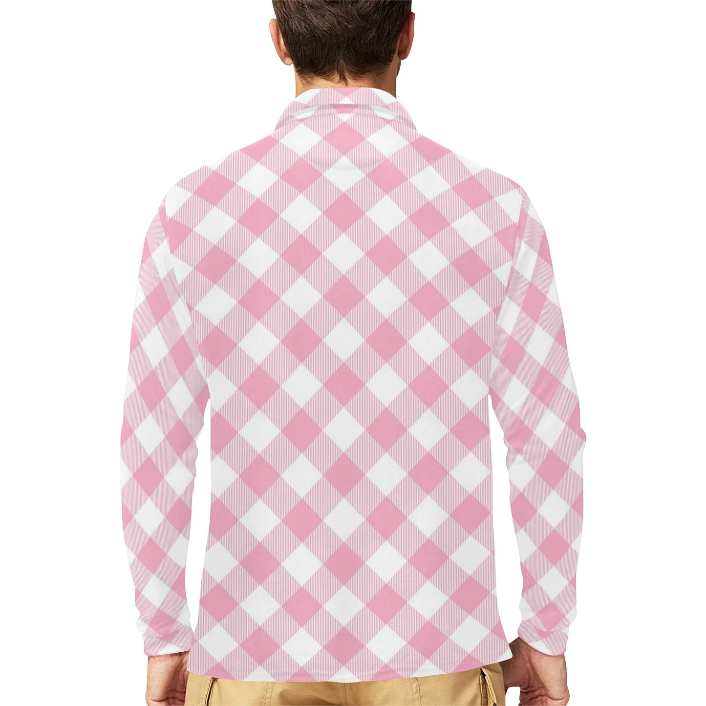 Gingham Pink Pattern Print Design 02 Long Sleeve Polo Shirt For Men's