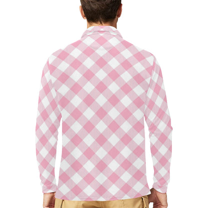 Gingham Pink Pattern Print Design 02 Long Sleeve Polo Shirt For Men's