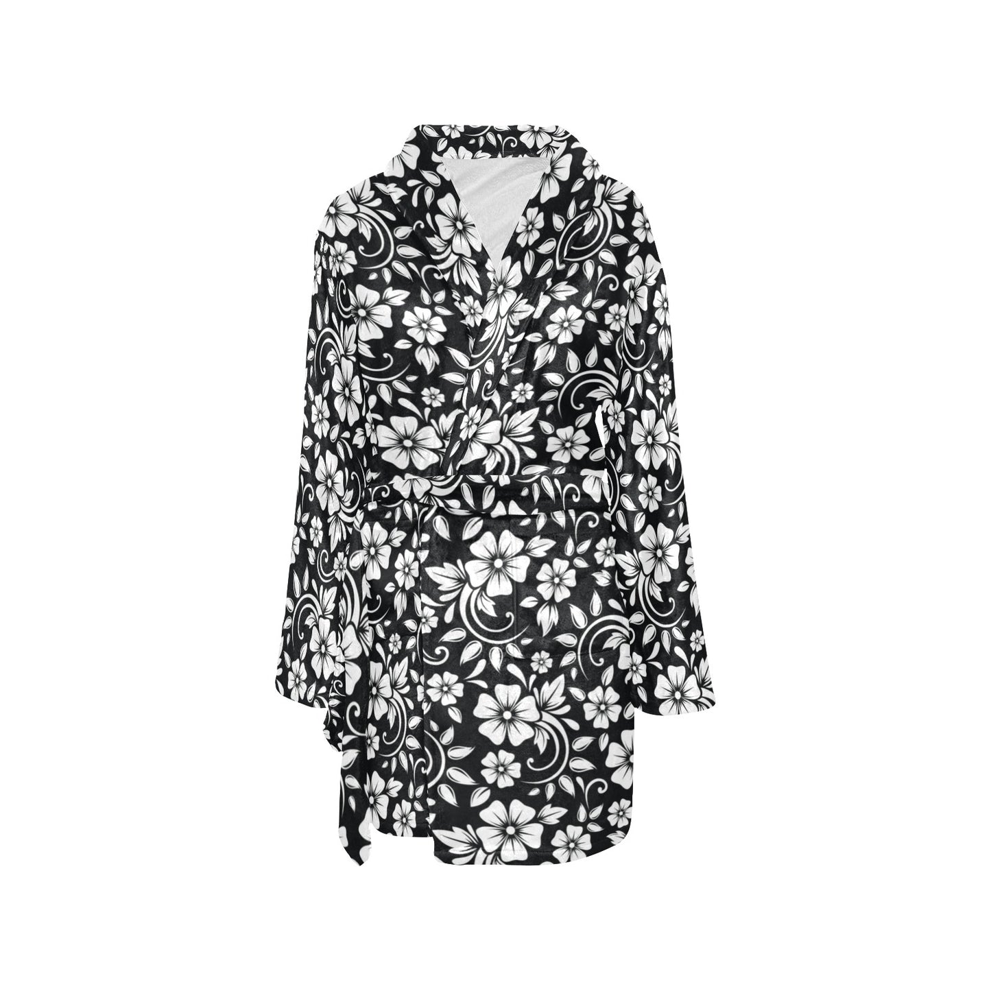 Floral Black White Themed Print Women's Fleece Robe