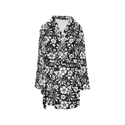 Floral Black White Themed Print Women's Fleece Robe