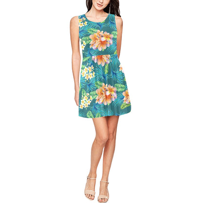 Plumeria Tropical Flower Design Print Sleeveless Dress