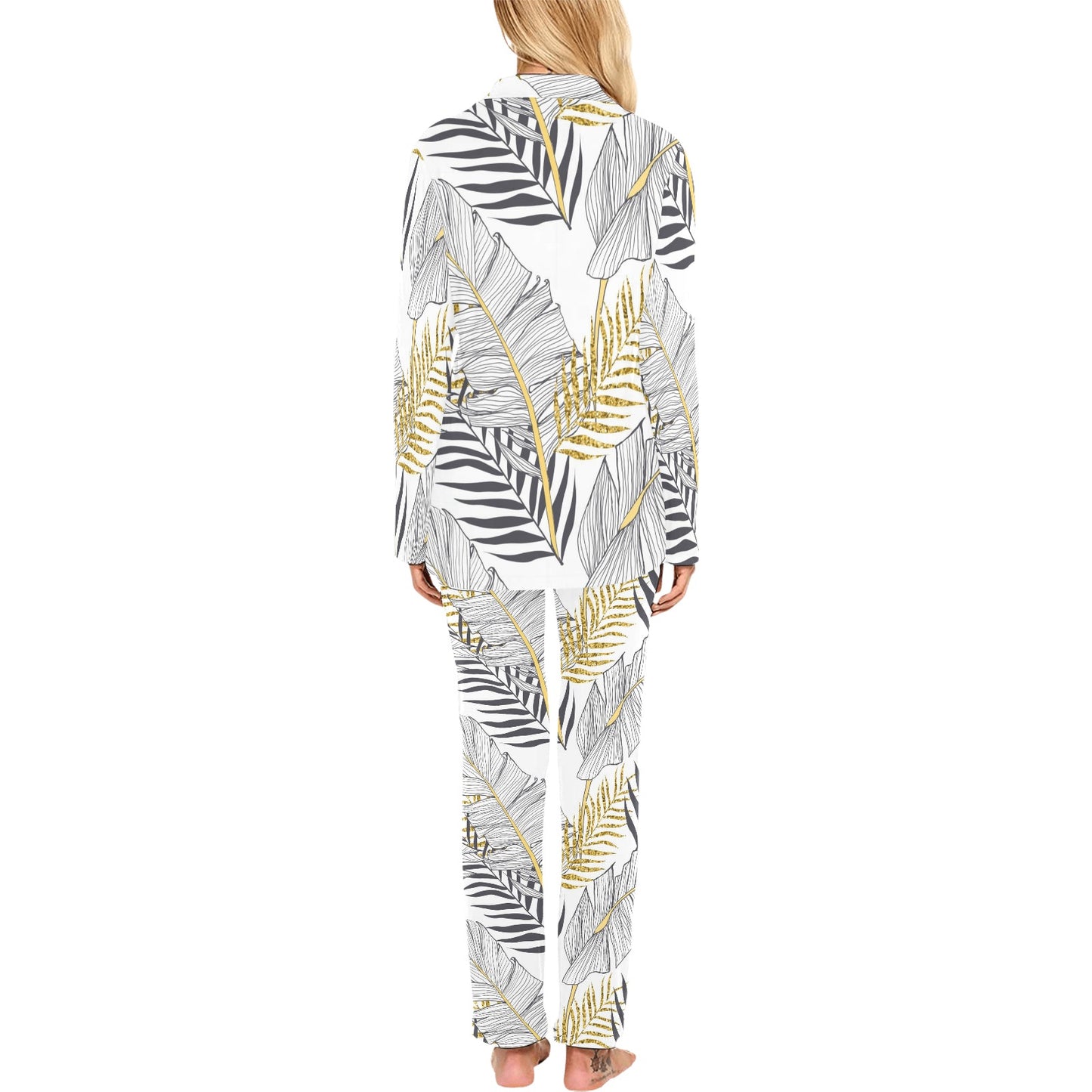 Gold Glitter Tropical Palm Leaves Women's Long Pajama Set
