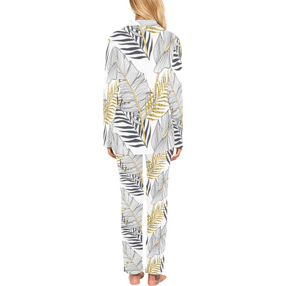 Gold Glitter Tropical Palm Leaves Women's Long Pajama Set