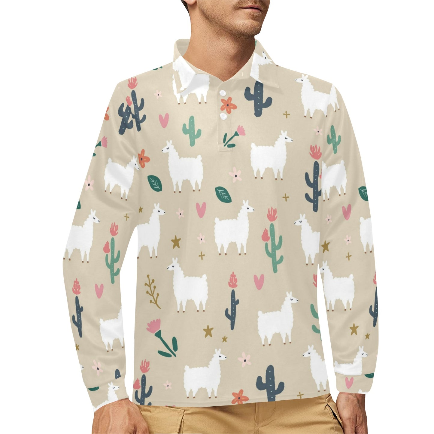Llama Cactus Pattern Print Design 09 Long Sleeve Polo Shirt For Men's