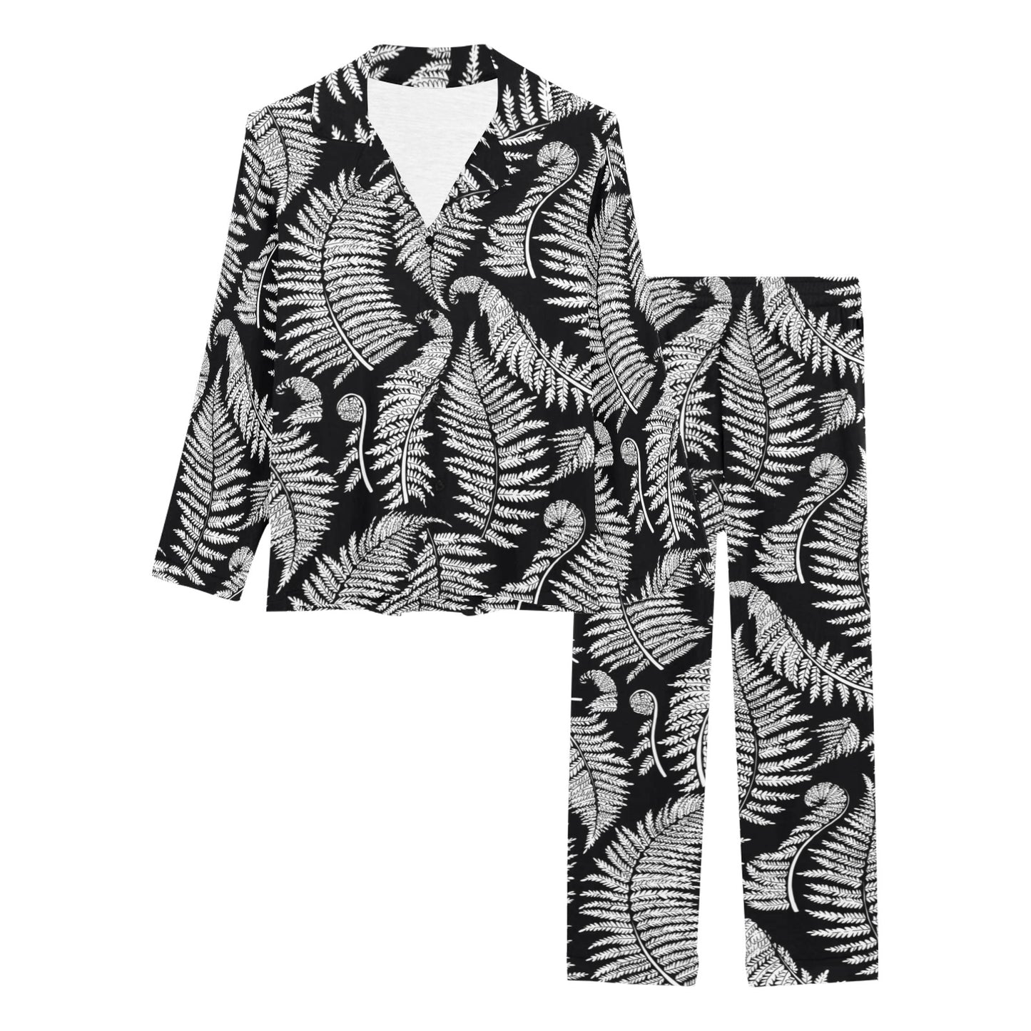 Fern Leave Black White Print Pattern Women's Long Pajama Set