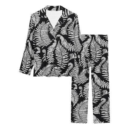 Fern Leave Black White Print Pattern Women's Long Pajama Set