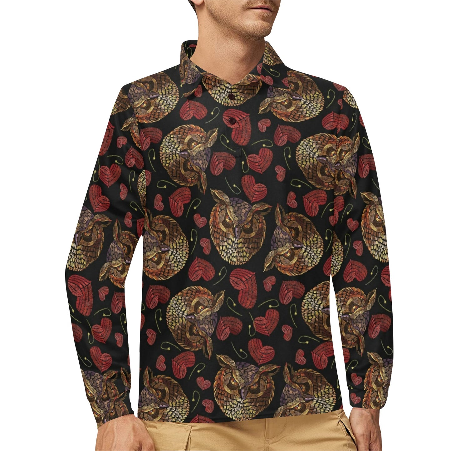 Owl Pattern Print Design A08 Long Sleeve Polo Shirt For Men's