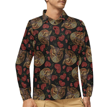 Owl Pattern Print Design A08 Long Sleeve Polo Shirt For Men's