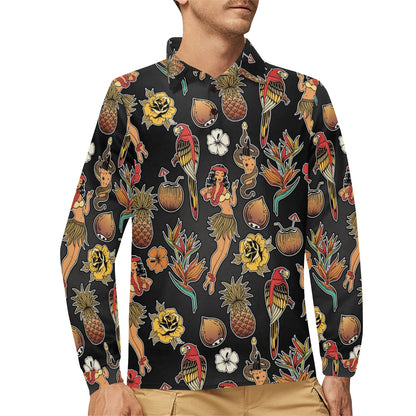Hula Dancers Hawaiian Style Pattern Print Design 02 Long Sleeve Polo Shirt For Men's