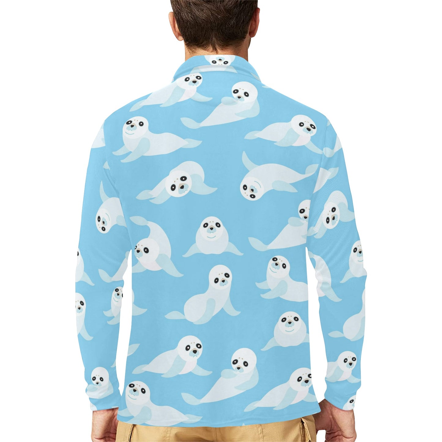 Sea Lion Cute Pattern Print Design 03 Long Sleeve Polo Shirt For Men's