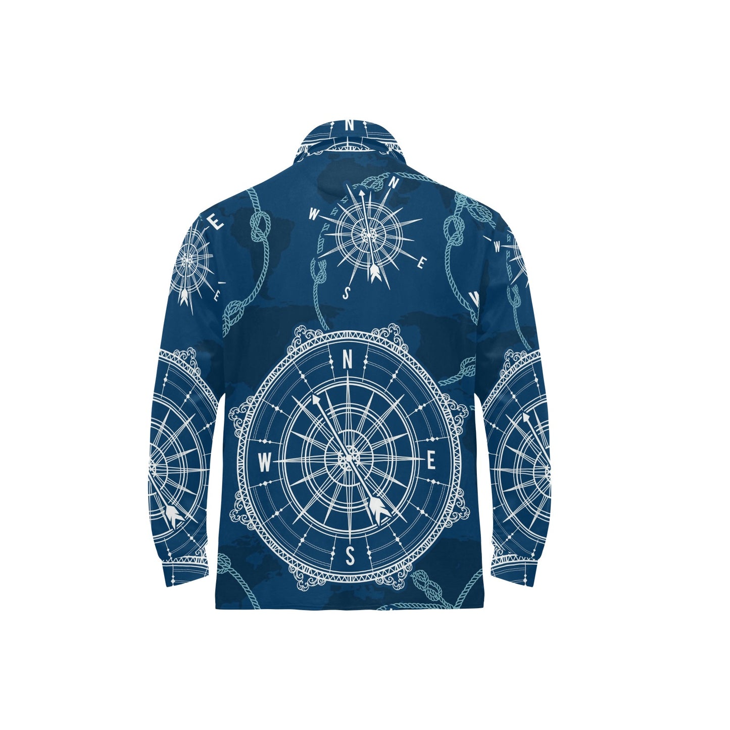 Nautical Compass Print Long Sleeve Polo Shirt For Men's
