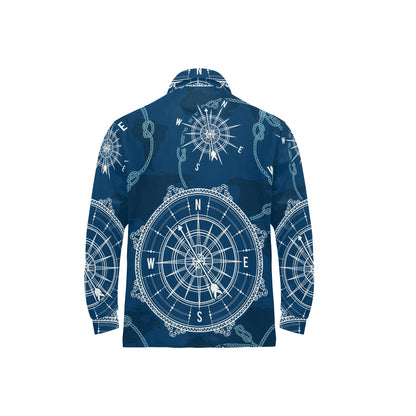 Nautical Compass Print Long Sleeve Polo Shirt For Men's
