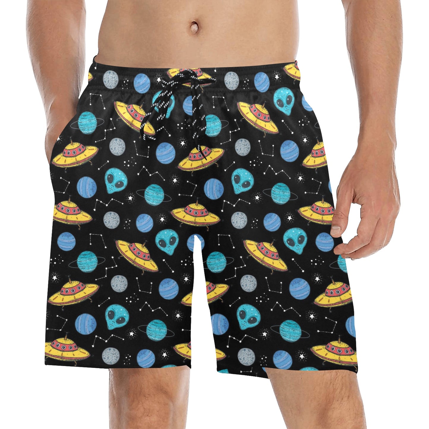 UFO Alien Print Design LKS306 Men's Swim Trunks Beach Shorts