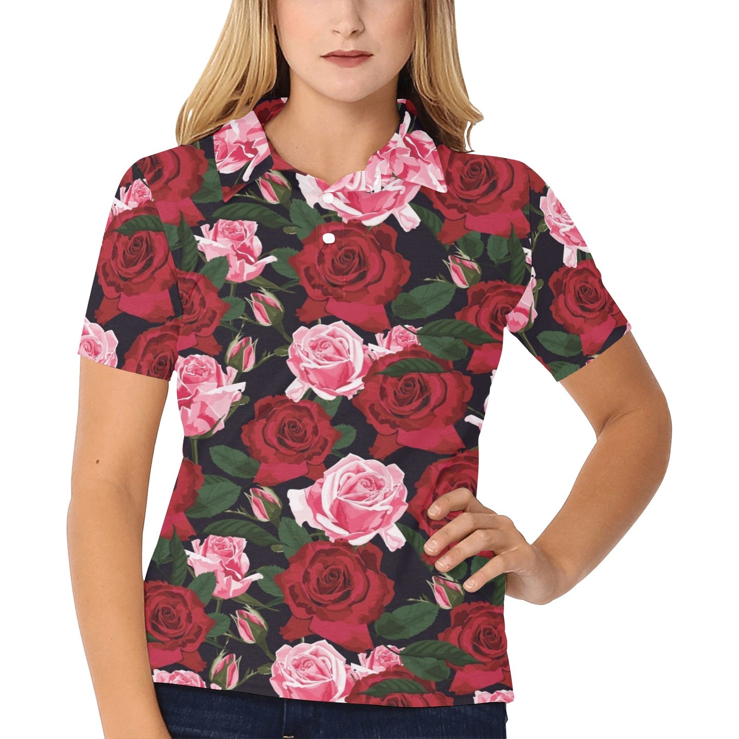 Rose Red Pink Pattern Print Design RO01 Women's Polo Shirt