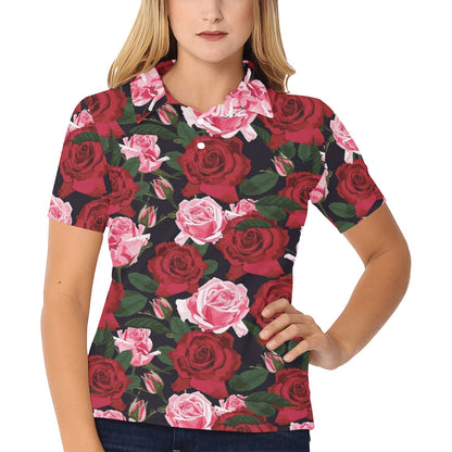 Rose Red Pink Pattern Print Design RO01 Women's Polo Shirt