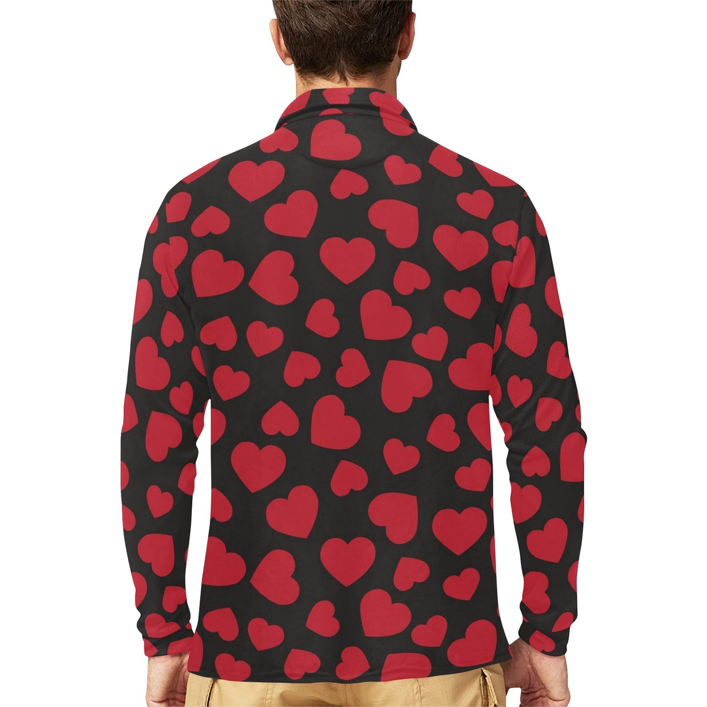 Heart Red Pattern Print Design HE01 Long Sleeve Polo Shirt For Men's