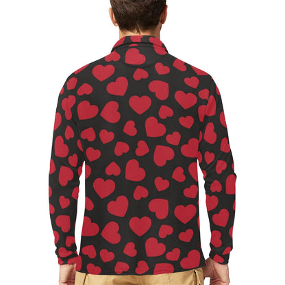 Heart Red Pattern Print Design HE01 Long Sleeve Polo Shirt For Men's