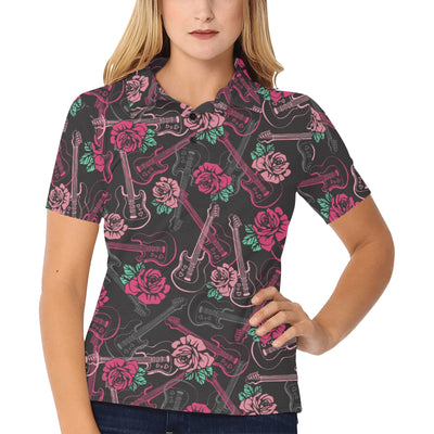 Bass Guitar Pink Rose Pattern Print Design 01 Women's Polo Shirt