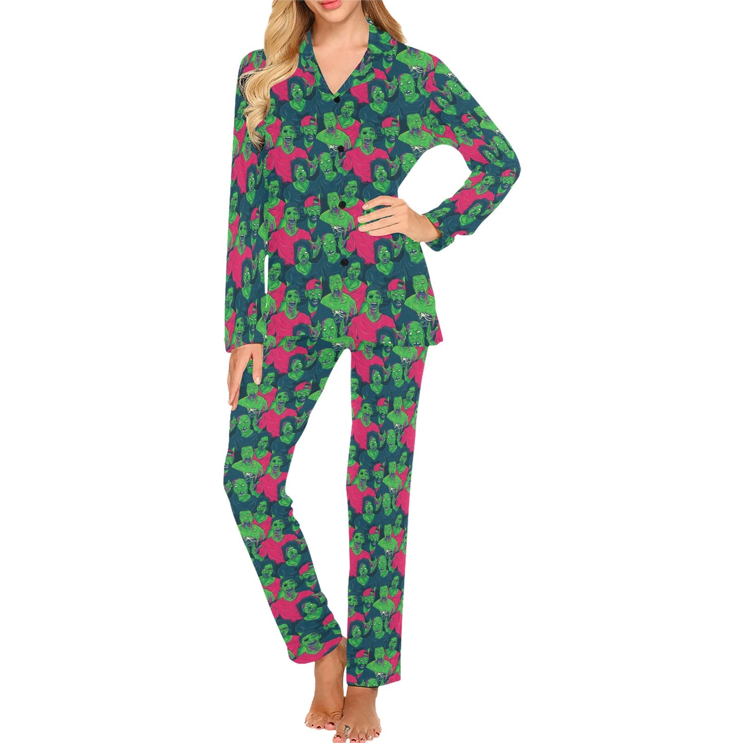 Zombie Themed Design Pattern Print Women's Long Pajama Set